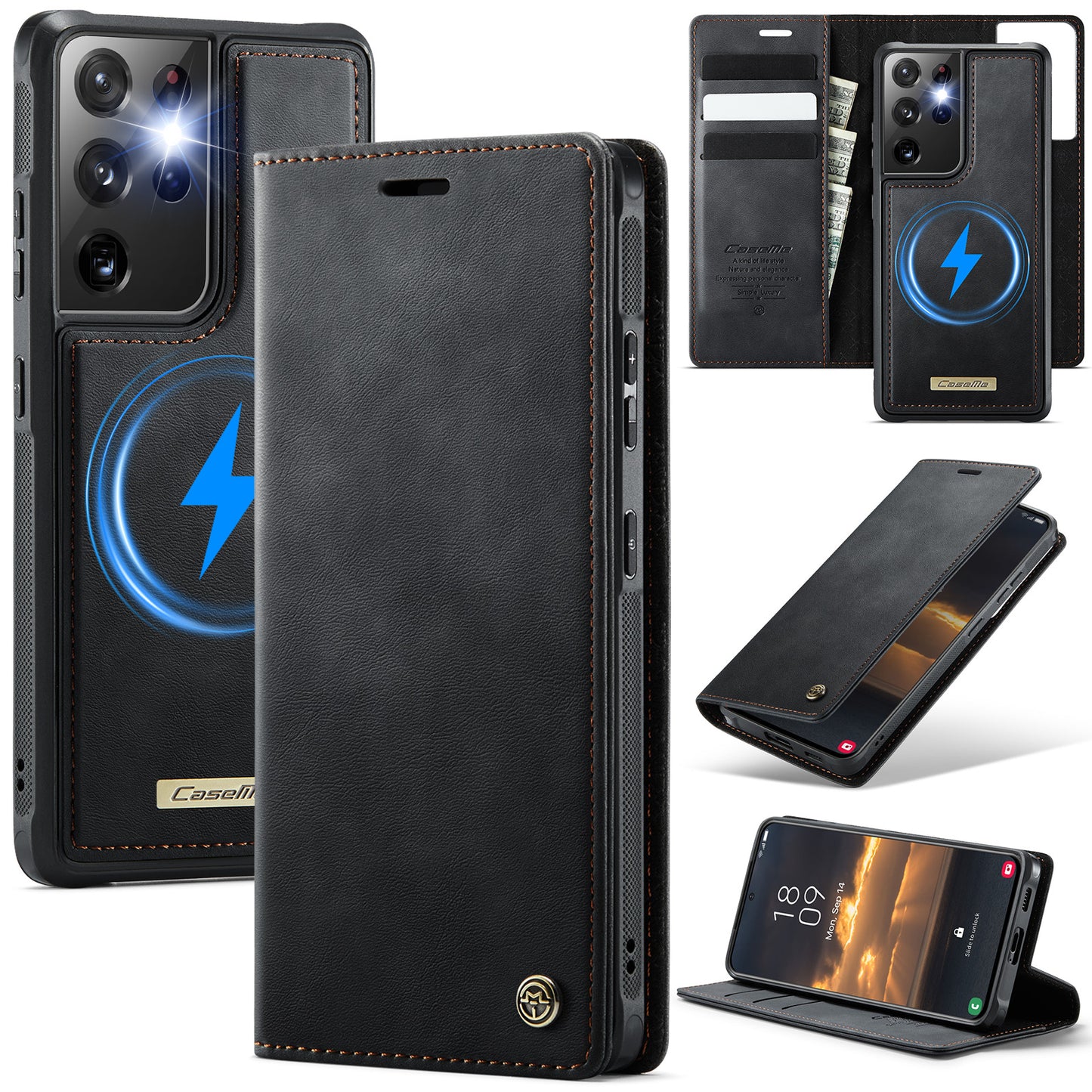 New 2-in-1 RFID Blocking Card Holder Magnetic Leather Phone Case for Samsung