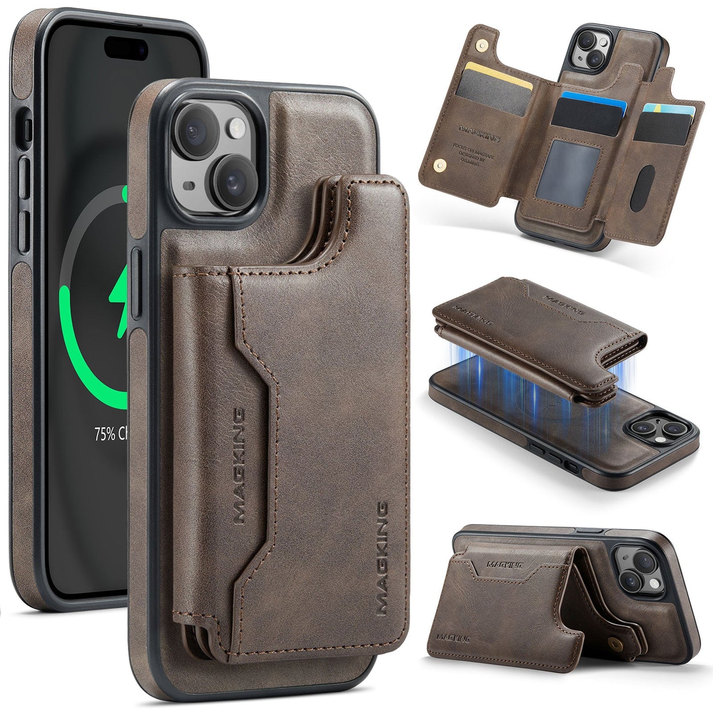 New 2-in-1 RFID Blocking Card Holder Leather Phone Case for iPhone