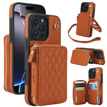 New RFID Blocking Crossbody Zipper Wallet Leather Phone Case for iPhone 16/16e/16 Pro/16 Plus/16 Pro Max