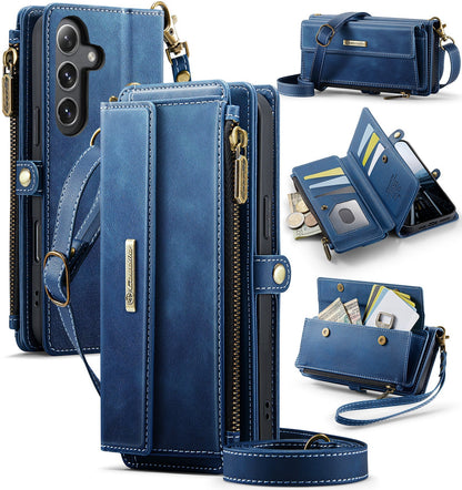 New RFID Blocking Zipper Wallet Supports Wireless Charging with Long and Short Lanyard Leather Phone Case for Samsung