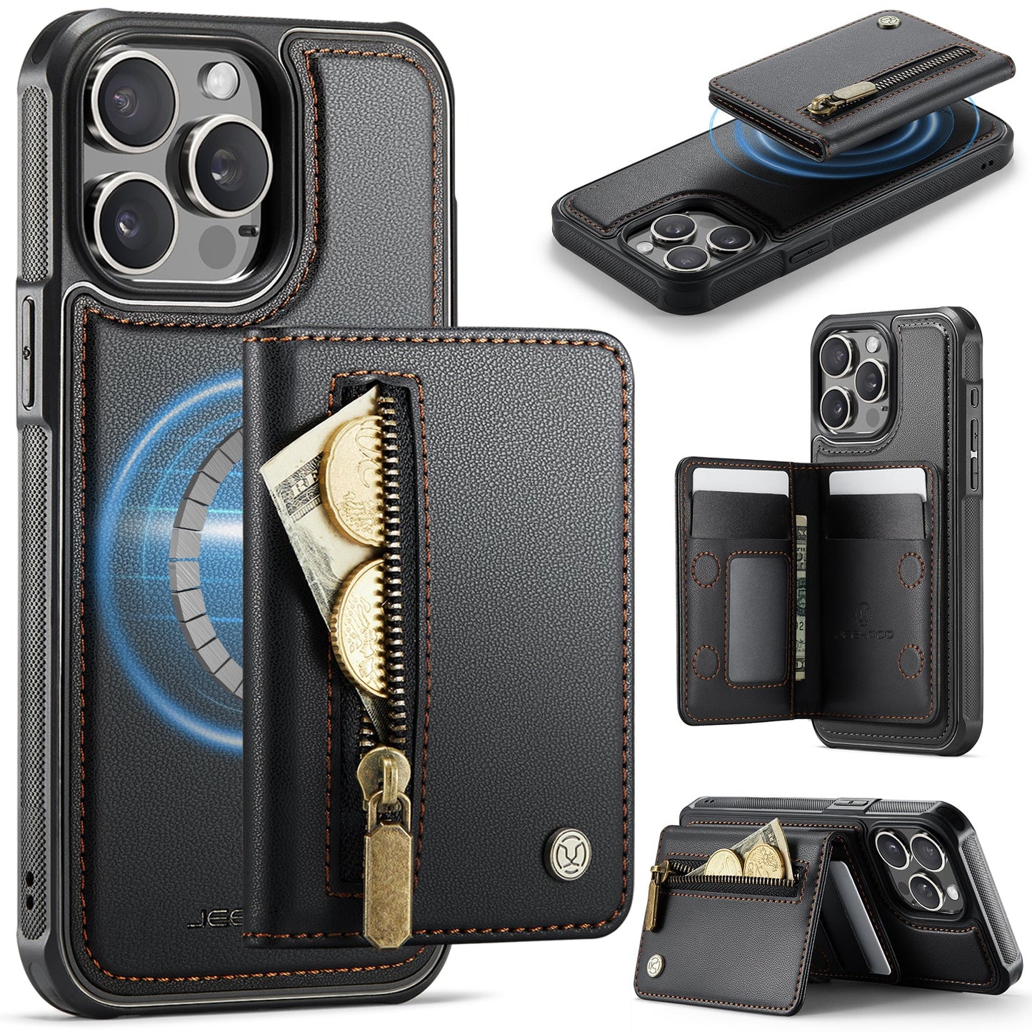 New 2-in-1 RFID Blocking Zipper Wallet Leather Phone Case for iPhone 14 Pro Max