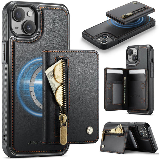 New 2-in-1 RFID Blocking Zipper Wallet Leather Phone Case for iPhone 15 Plus