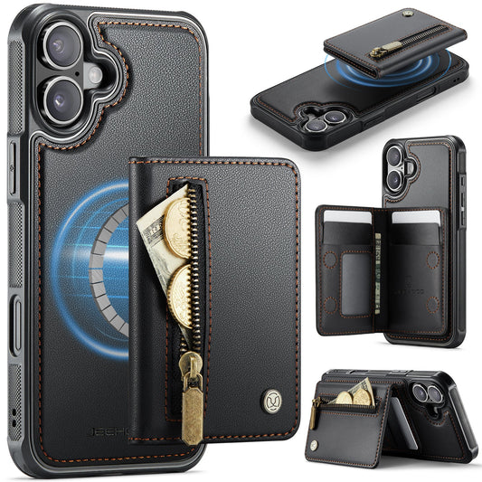 New 2-in-1 RFID Blocking Zipper Wallet Leather Phone Case for iPhone 16 Plus