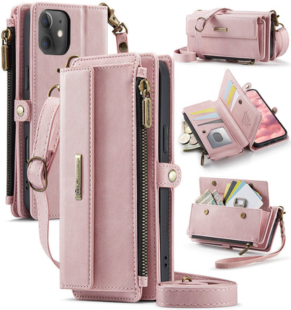 New RFID Blocking Zipper Wallet Supports Wireless Charging with Long and Short Lanyard Leather Phone Case for iPhone